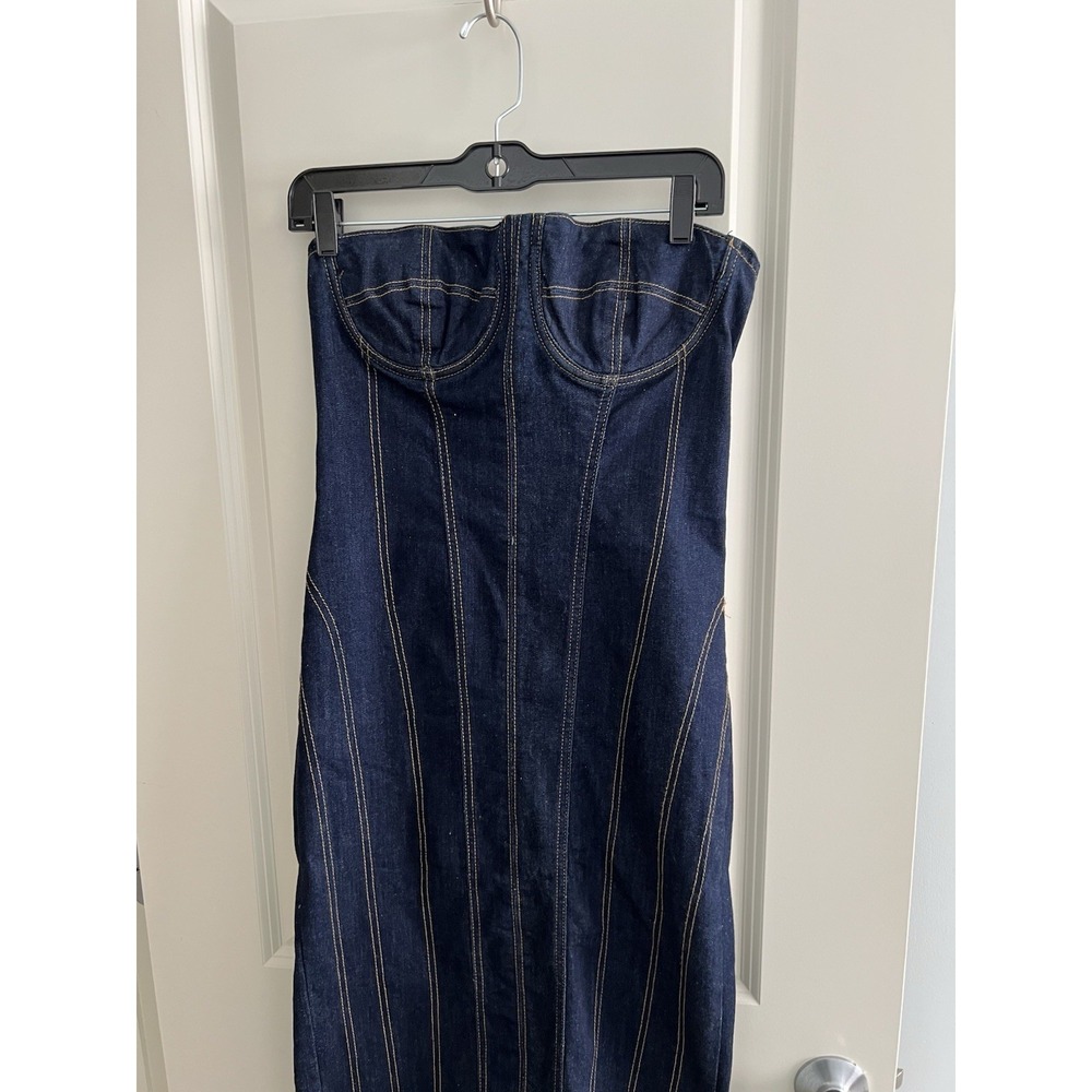 Zara Long Dark Blue Denim Bustier ZW Bodycon Corset Dress Topstitched Size L - Picture 6 of 15
